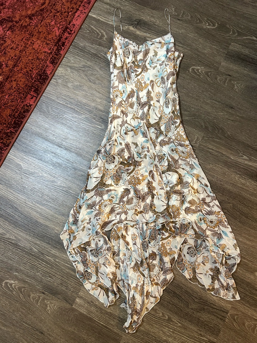 Lapis Silk Y2K Floral Spaghetti-Strap Handkerchief Hem Dress Boho Fairy Whimsy M